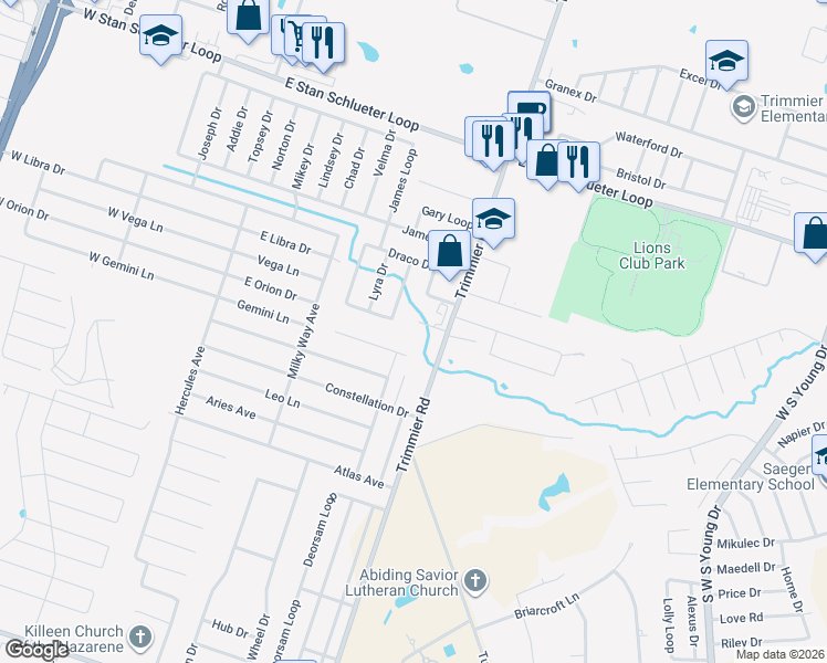 map of restaurants, bars, coffee shops, grocery stores, and more near 713 Perseus in Killeen