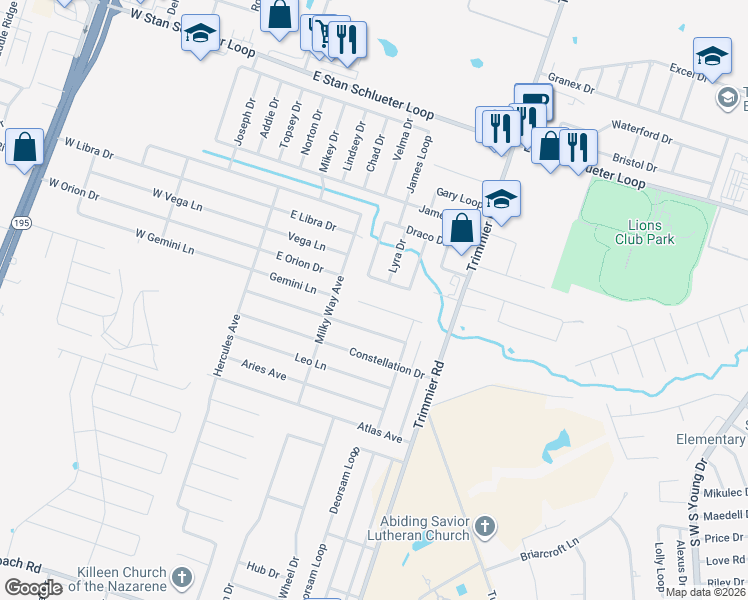 map of restaurants, bars, coffee shops, grocery stores, and more near 610 Perseus in Killeen