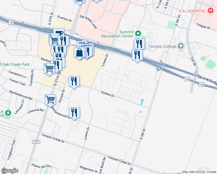 map of restaurants, bars, coffee shops, grocery stores, and more near 3337 Addison Way in Temple