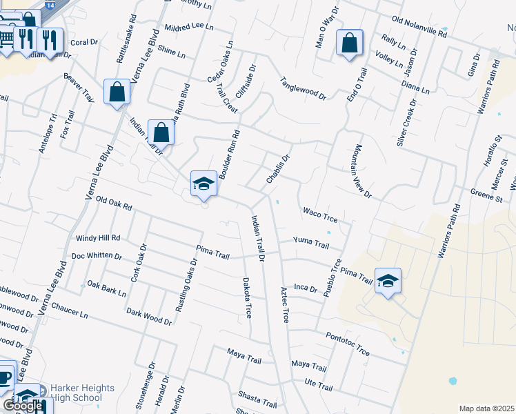 map of restaurants, bars, coffee shops, grocery stores, and more near 1502 Aztec Trce in Harker Heights