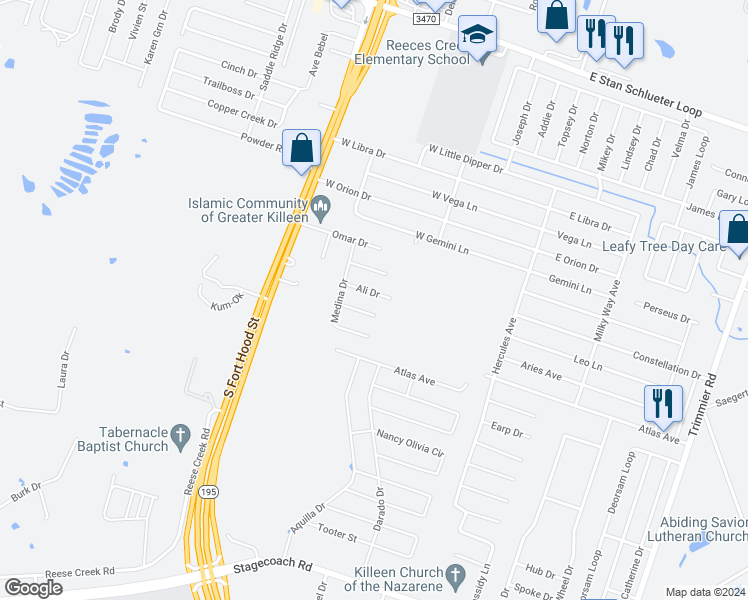 map of restaurants, bars, coffee shops, grocery stores, and more near 408 Ali Drive in Killeen