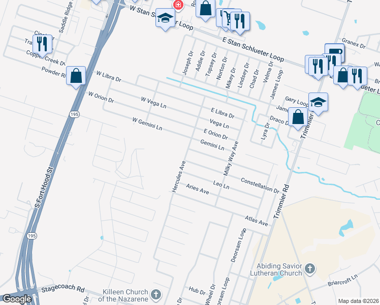 map of restaurants, bars, coffee shops, grocery stores, and more near 304 Constellation Drive in Killeen