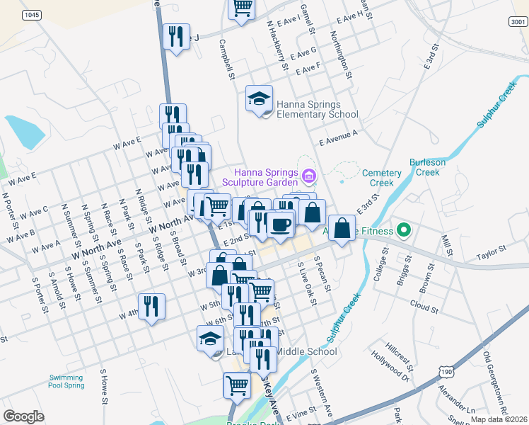 map of restaurants, bars, coffee shops, grocery stores, and more near 104 South Live Oak Street in Lampasas