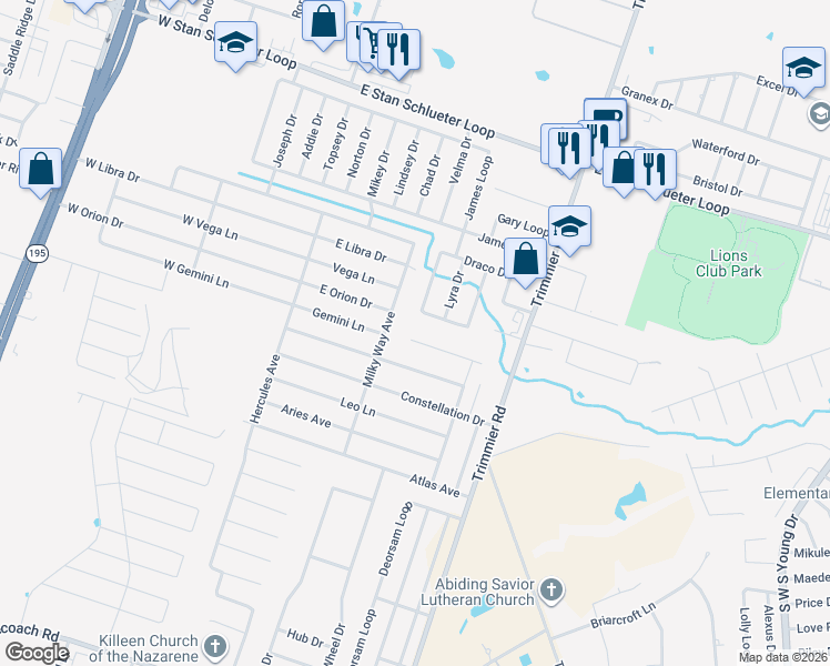 map of restaurants, bars, coffee shops, grocery stores, and more near 5404 Milky Way Avenue in Killeen