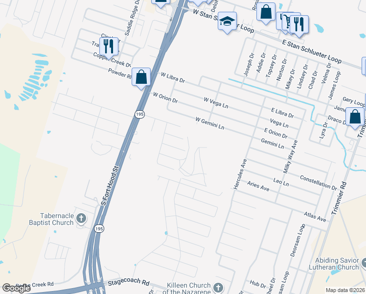 map of restaurants, bars, coffee shops, grocery stores, and more near 406 Osman Drive in Killeen
