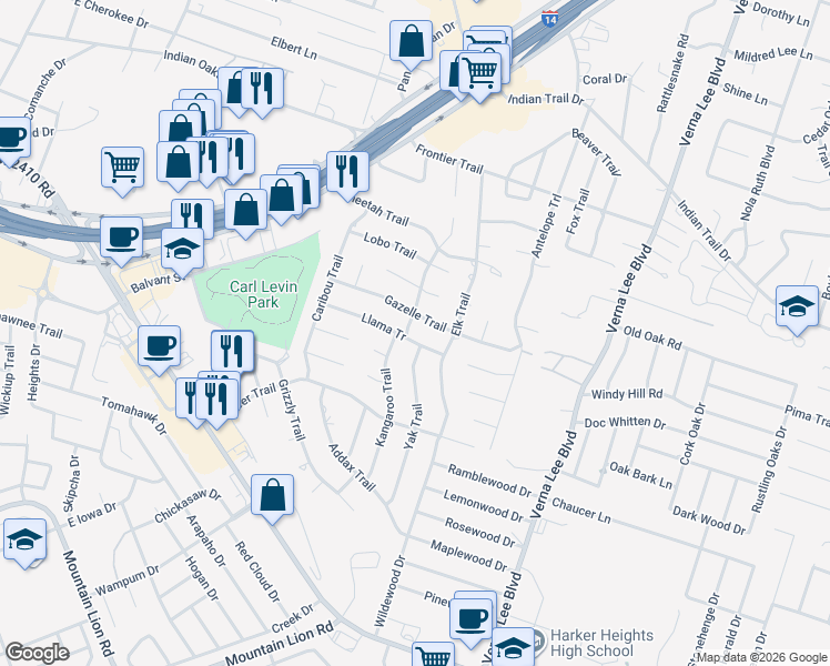 map of restaurants, bars, coffee shops, grocery stores, and more near 521 Llama Tr in Harker Heights