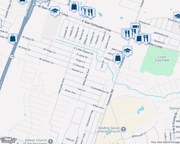 map of restaurants, bars, coffee shops, grocery stores, and more near 5404 Milky Way Avenue in Killeen