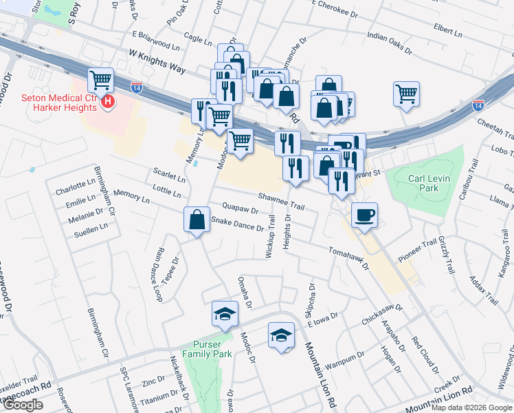 map of restaurants, bars, coffee shops, grocery stores, and more near 116 Shawnee Trail in Harker Heights