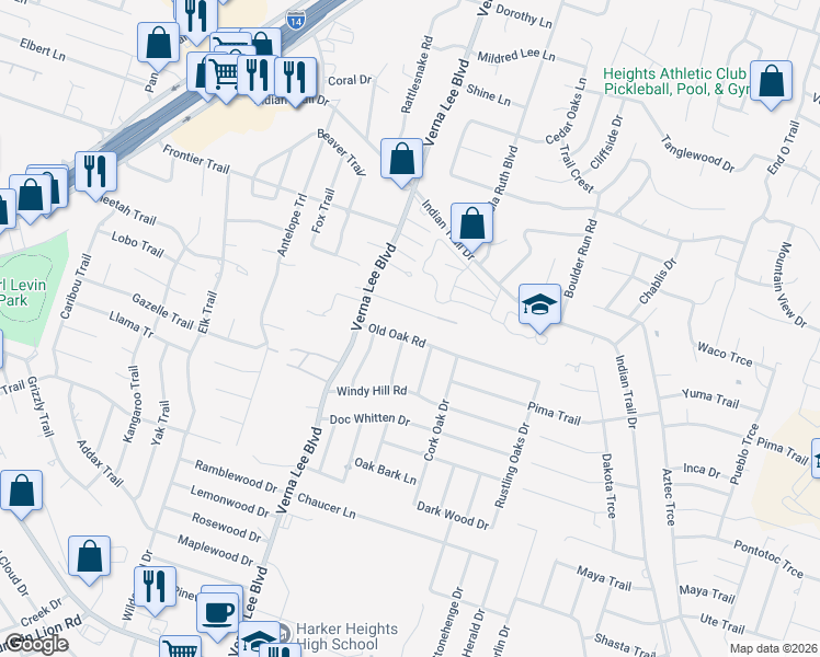 map of restaurants, bars, coffee shops, grocery stores, and more near 1101 Old Oak Road in Harker Heights
