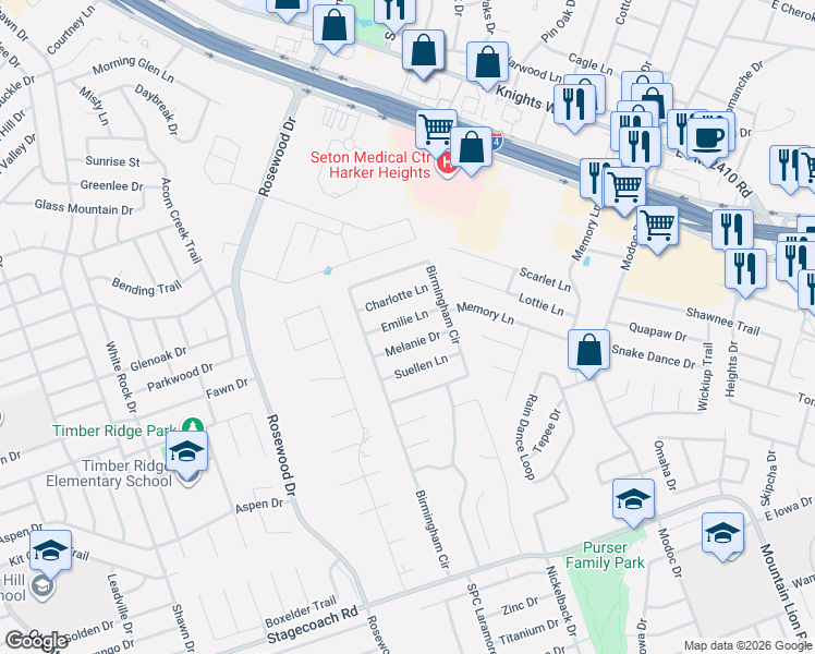 map of restaurants, bars, coffee shops, grocery stores, and more near 6202 Charlotte Lane in Killeen