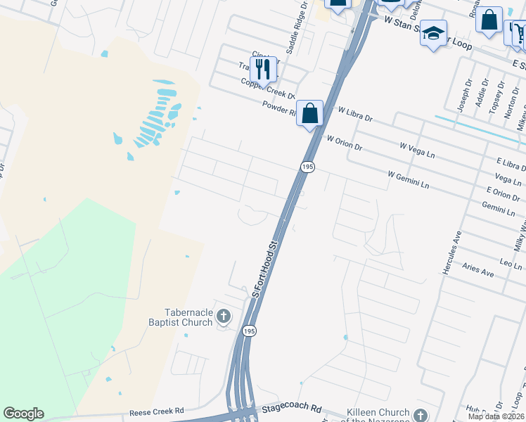 map of restaurants, bars, coffee shops, grocery stores, and more near Kum-Ok in Killeen