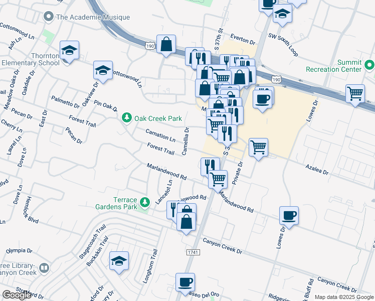 map of restaurants, bars, coffee shops, grocery stores, and more near 1901 Carnation Lane in Temple