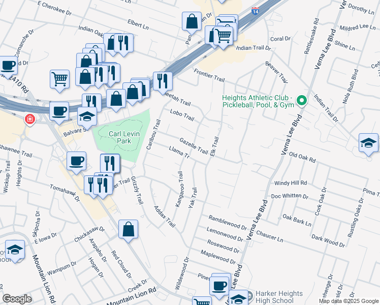 map of restaurants, bars, coffee shops, grocery stores, and more near 601 Llama Tr in Harker Heights