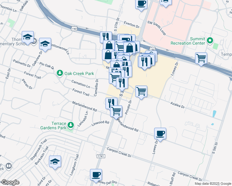 map of restaurants, bars, coffee shops, grocery stores, and more near 3314 South 31st Street in Temple