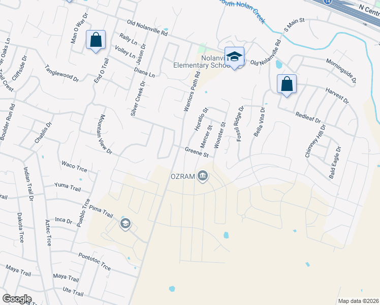 map of restaurants, bars, coffee shops, grocery stores, and more near 2113 Mercer Street in Nolanville