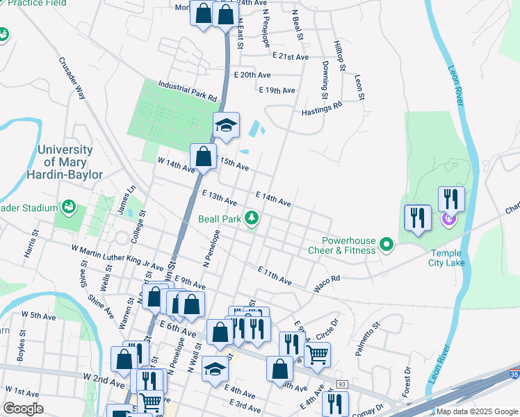 map of restaurants, bars, coffee shops, grocery stores, and more near 318 East 13th Avenue in Belton