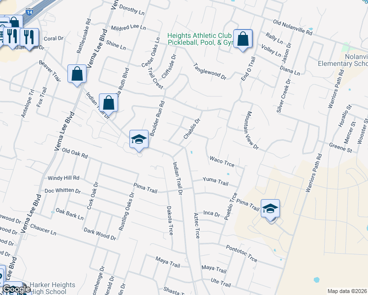 map of restaurants, bars, coffee shops, grocery stores, and more near 1521 Aztec Trce in Harker Heights