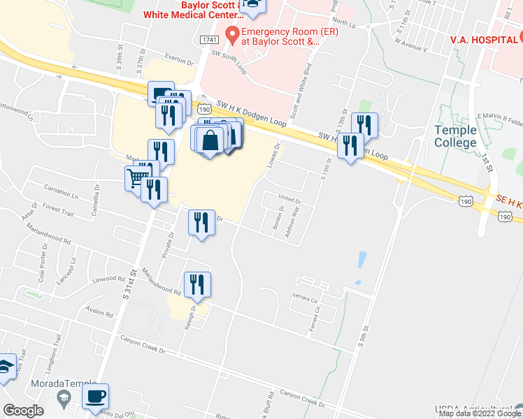 map of restaurants, bars, coffee shops, grocery stores, and more near 1049 Cavendish Avenue in Temple