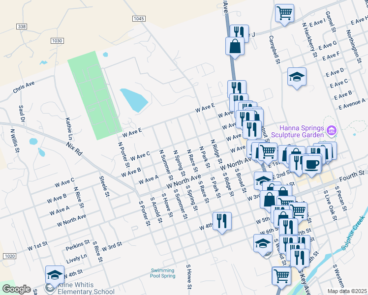 map of restaurants, bars, coffee shops, grocery stores, and more near 300 North Race Street in Lampasas