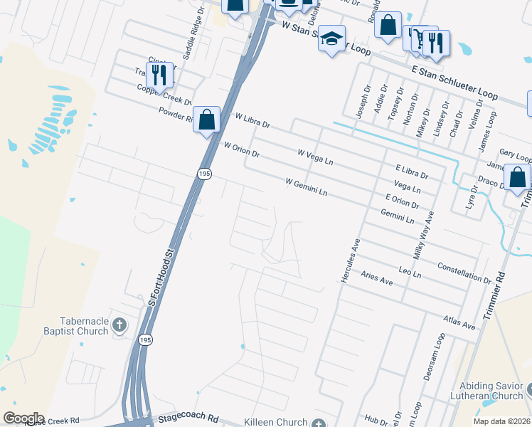 map of restaurants, bars, coffee shops, grocery stores, and more near 406 Osman Drive in Killeen