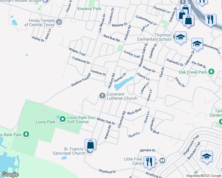 map of restaurants, bars, coffee shops, grocery stores, and more near 4015 Hickory Road in Temple
