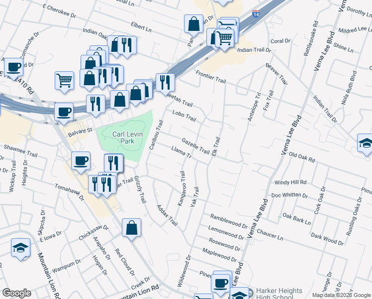 map of restaurants, bars, coffee shops, grocery stores, and more near 521 Llama Tr in Harker Heights