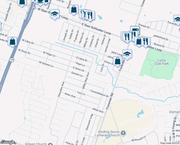 map of restaurants, bars, coffee shops, grocery stores, and more near 5404 Milky Way Avenue in Killeen