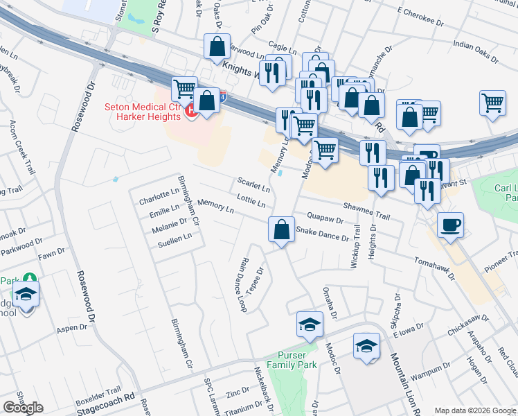 map of restaurants, bars, coffee shops, grocery stores, and more near 206 Lottie Lane in Harker Heights