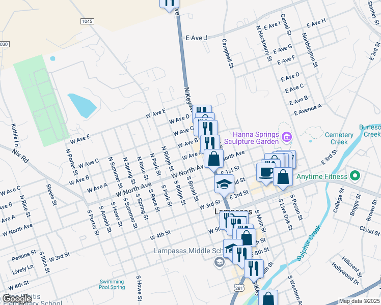 map of restaurants, bars, coffee shops, grocery stores, and more near 202 North Walnut Street in Lampasas