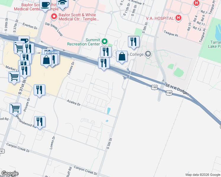 map of restaurants, bars, coffee shops, grocery stores, and more near 209 Southwest H K Dodgen Loop in Temple