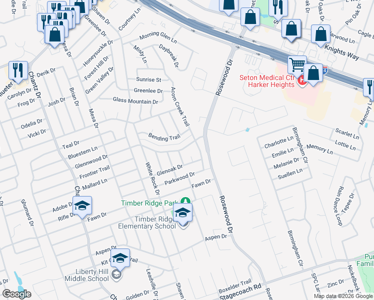 map of restaurants, bars, coffee shops, grocery stores, and more near 5003 Acorn Creek Trail in Killeen