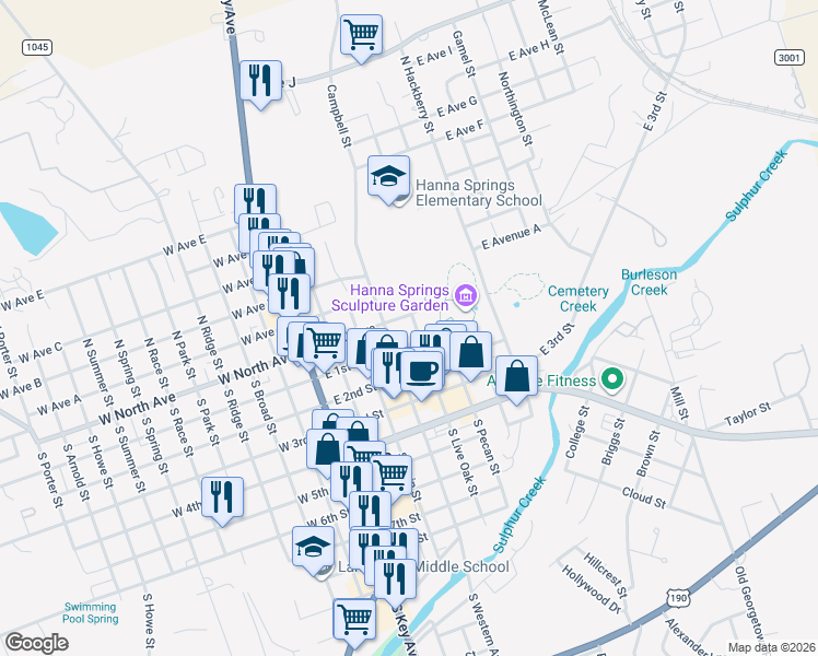 map of restaurants, bars, coffee shops, grocery stores, and more near 104 South Live Oak Street in Lampasas