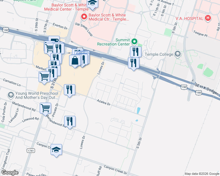 map of restaurants, bars, coffee shops, grocery stores, and more near 3223 Bordon Drive in Temple