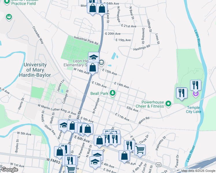 map of restaurants, bars, coffee shops, grocery stores, and more near 1222 North Wall Street in Belton