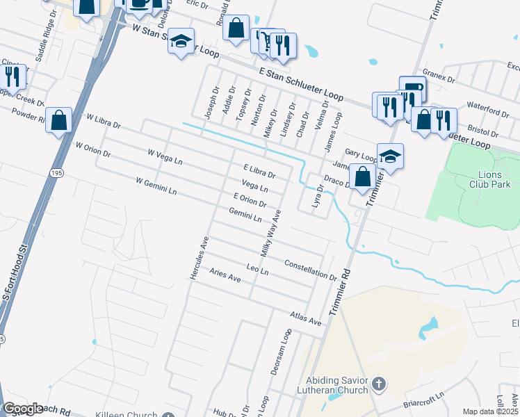 map of restaurants, bars, coffee shops, grocery stores, and more near 500 East Orion Drive in Killeen