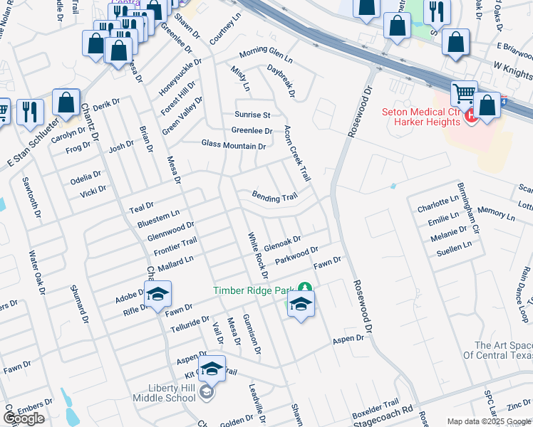 map of restaurants, bars, coffee shops, grocery stores, and more near 4911 Glennwood Drive in Killeen
