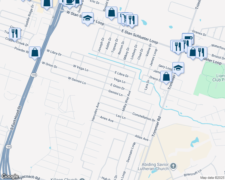 map of restaurants, bars, coffee shops, grocery stores, and more near 401 Gemini Lane in Killeen
