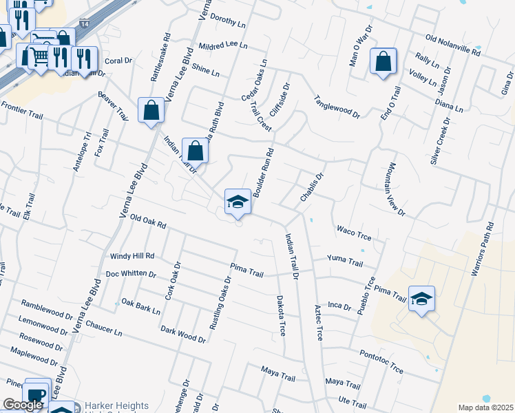 map of restaurants, bars, coffee shops, grocery stores, and more near 1207 Boulder Run in Harker Heights
