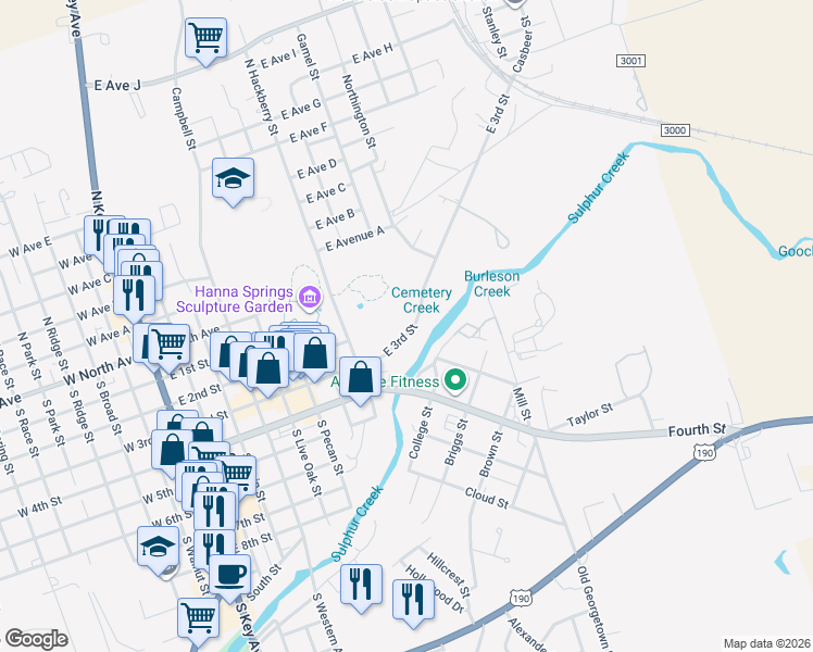 map of restaurants, bars, coffee shops, grocery stores, and more near 907 East 3rd Street in Lampasas