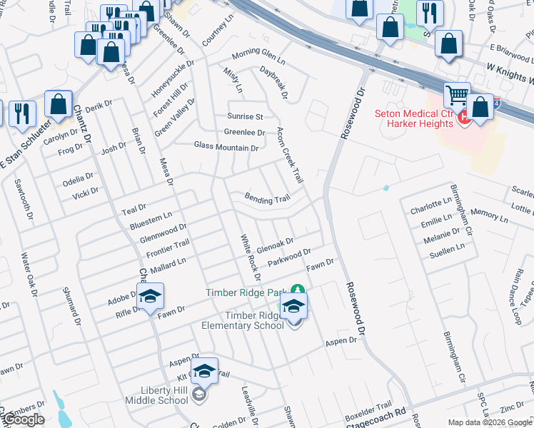 map of restaurants, bars, coffee shops, grocery stores, and more near 4911 Glennwood Drive in Killeen