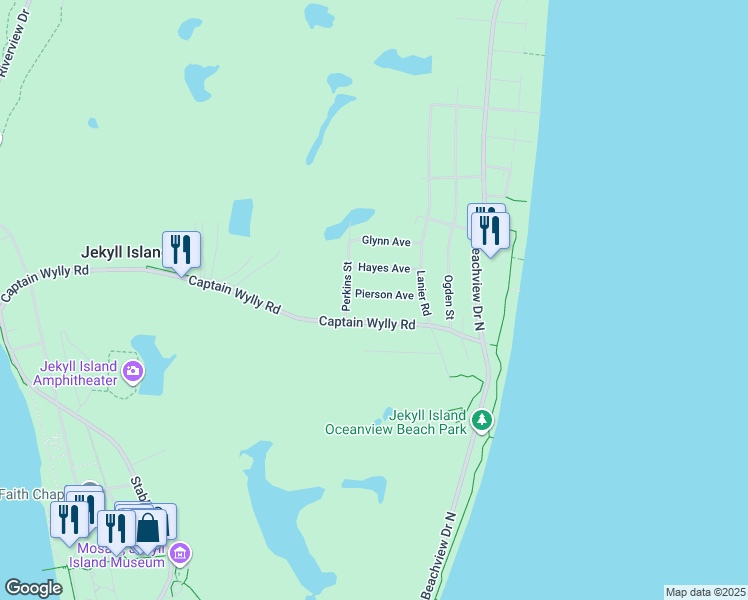 map of restaurants, bars, coffee shops, grocery stores, and more near 12a Pierson Avenue in Jekyll Island