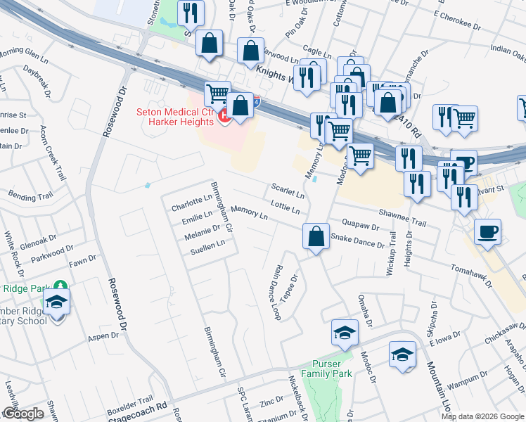 map of restaurants, bars, coffee shops, grocery stores, and more near 221 Memory Lane in Harker Heights