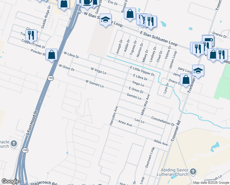 map of restaurants, bars, coffee shops, grocery stores, and more near 100 West Gemini Lane in Killeen