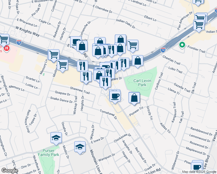 map of restaurants, bars, coffee shops, grocery stores, and more near 335 East Farm to Market 2410 Road in Harker Heights