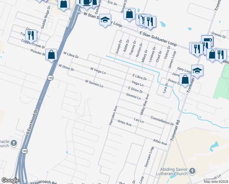 map of restaurants, bars, coffee shops, grocery stores, and more near 100 West Gemini Lane in Killeen