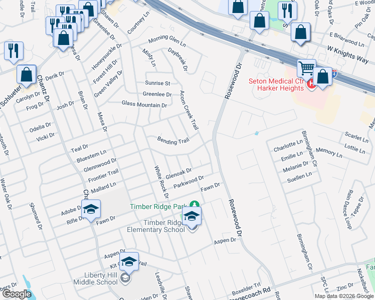 map of restaurants, bars, coffee shops, grocery stores, and more near 5009 Glennwood Drive in Killeen