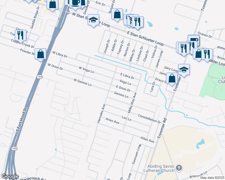 map of restaurants, bars, coffee shops, grocery stores, and more near 401 Gemini Lane in Killeen
