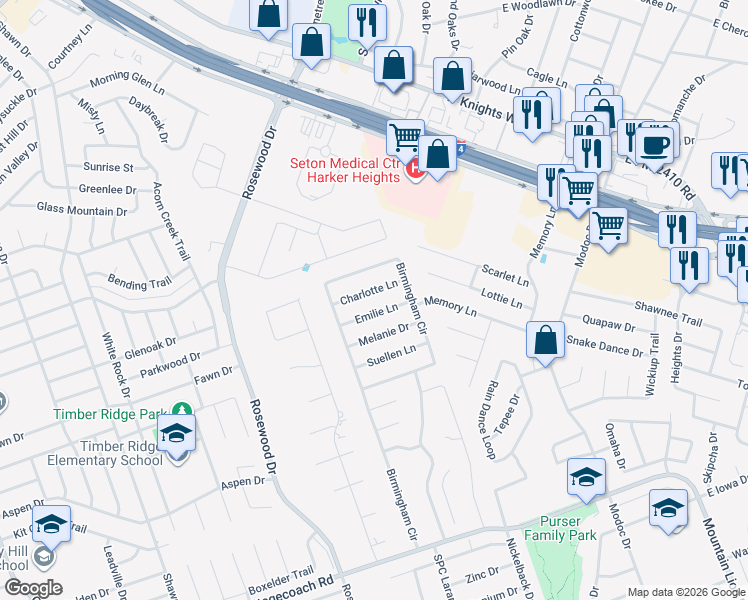 map of restaurants, bars, coffee shops, grocery stores, and more near 6202 Charlotte Lane in Killeen