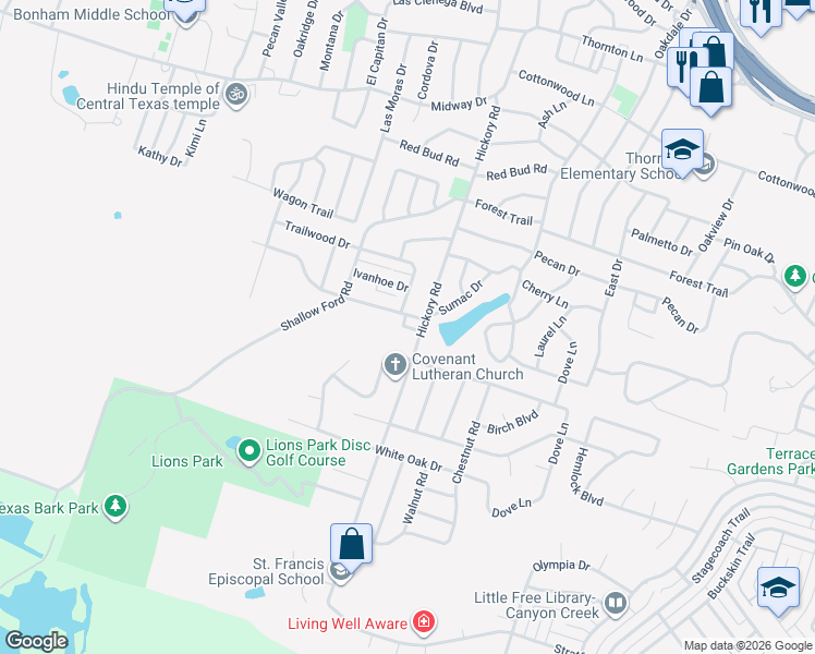 map of restaurants, bars, coffee shops, grocery stores, and more near 4015 Hickory Road in Temple