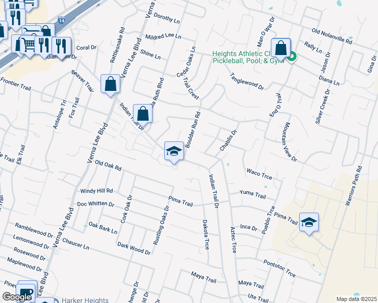 map of restaurants, bars, coffee shops, grocery stores, and more near 1401 Indian Trail in Harker Heights